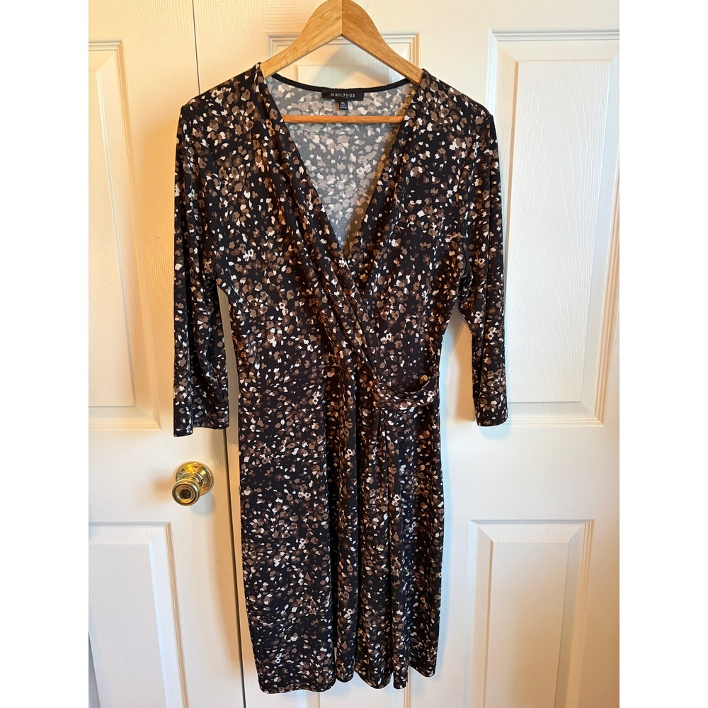 Hail3y:23 Women XL Faux Wrap Dress Brown Black Abstract Print 3/4 Sleeve V-Neck